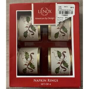 Set of FOUR Lenox Holiday Nouveau Napkin Rings New In Box Holly Berries Ribbon